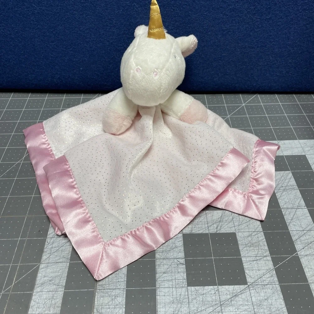 CARTERS Baby Girl Pink UNICORN Lovey Security Blanket White Pink Satin Back Read